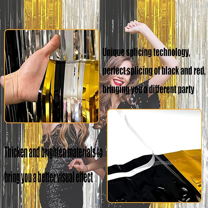 4 Pack Black Gold Silver Foil Fringe Curtain Backdrop, 3.28Ft x 8.2Ft Metallic Tinsel Foil Fringe Streamers for Photo Booth, Wedding, Notorious One Birthday Roaring 20s Graduation Party Decoration