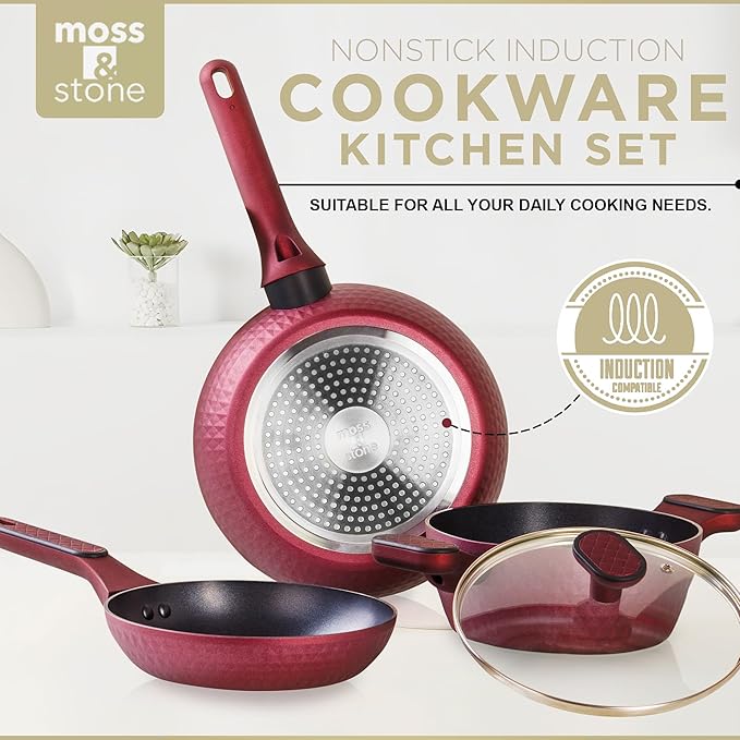 Moss & Stone 4 Piece Nonstick Cookware Set, Small Pots And Pans Set Non stick With Glass Lid, Induction Cookware, Stay Cool Handle, PTFE/PFOA, Kitchen Cookware 4-Piece with Frying Pans Set & Saucepan