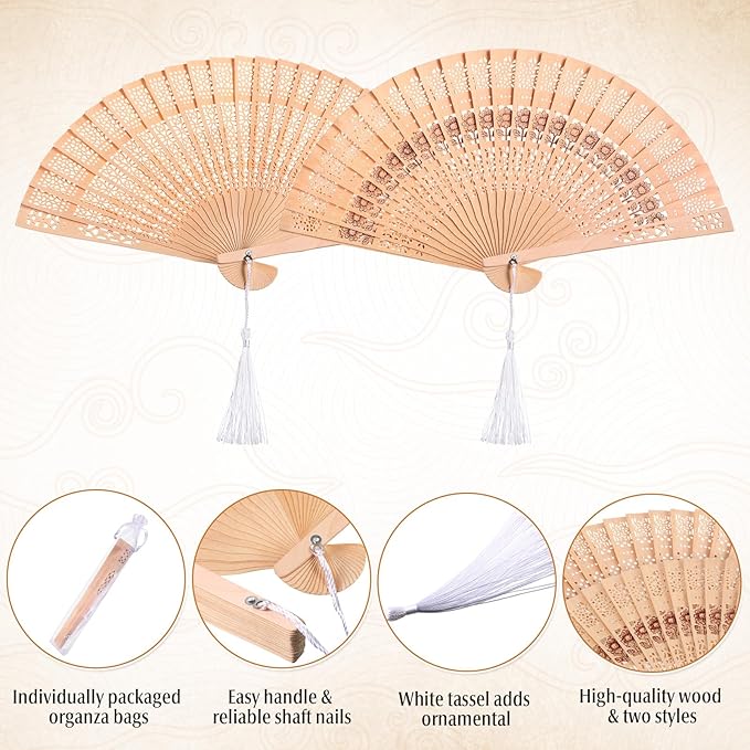 Qunclay 60Pcs Wooden Hand Fans Folding Wedding Fans for Guest Chinese Hollow Pattern with White Tassel and Gift Bag for Wedding Bridal Shower Birthday Party Favors Gift and Home Decor(Mixed Style)