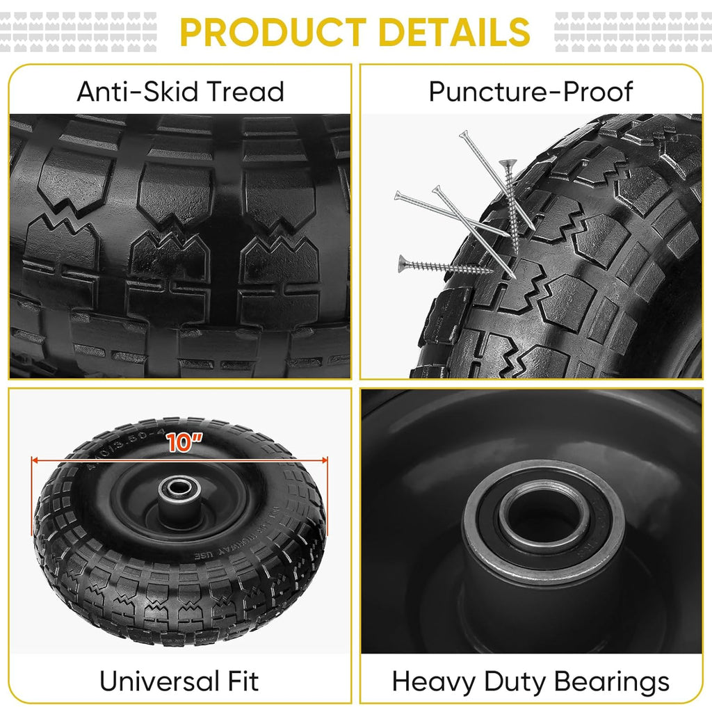 TICONN 4.00-6 Tire and Wheel Flat Free, 2 Pack 13" Solid Tires with 5/8" Axle Bore Hole and Double Sealed Bearings, Perfect for Wheelbarrow, Garden Cart, Wagon, Dolly (Black, 2PK)