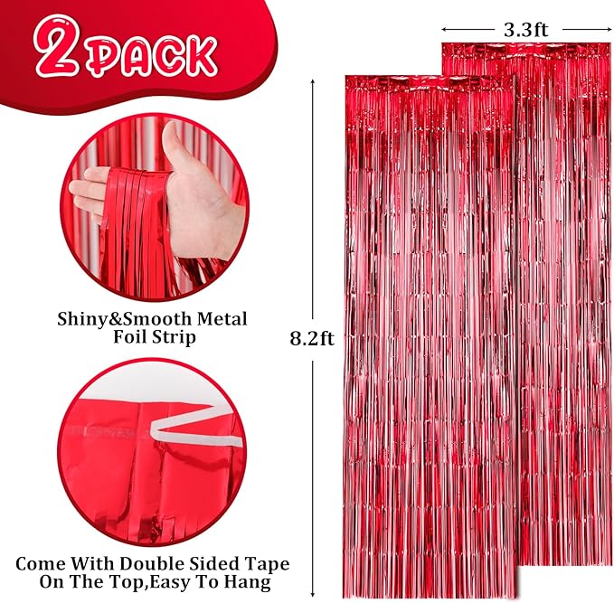 2 Pack Red Foil Fringe Backdrop Curtains, Tinsel Streamers Birthday Party Decorations, Fringe Backdrop for Graduation, Baby Shower, Gender Reveal, Disco Party