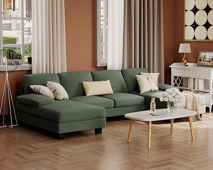Furmax Sectional Couches for Living Room, U-Shaped Sofa Couch with Linen Fabric, 4 Seat Sofa Set with Double Chaise for Apartment (Corduroy, Dark Green)