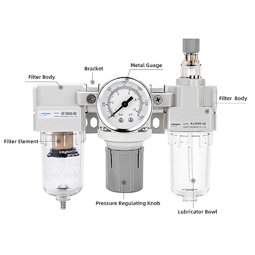NANPU 1/4" NPT Air Filter, Regulator & Lubricator (FRL) Combo - Water/Oil Trap Separator - Pressure Gauge(0-150 psi), 5 Micron Brass Element, Semi-Auto Drain, Poly Bowl, Metal Bracket