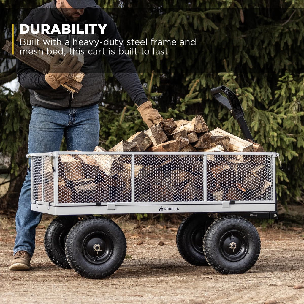 Gorilla Carts GOR1001-COM Steel Utility Cart, Heavy-Duty Convertible 2-in-1 Handle and Removable Sides, 7 cu ft, 1000 lb, Capacity, Gray