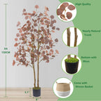 Artificial Eucalyptus Tree, 5ft Fake Eucalyptus Plant with Basket, Red Silver Dollars Silk Leaves Faux Tree for Home Office Perfect Housewares Gift Decoration