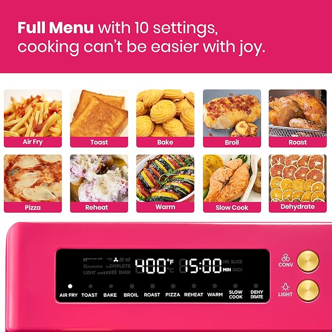 Limited Edition Happy Pink Infrared Heating Air Fryer Toaster Oven, Extra Large Countertop Convection Oven 10-in-1 Combo, 6-Slice Toast, Enamel Baking Pan Easy Clean with Recipe Book