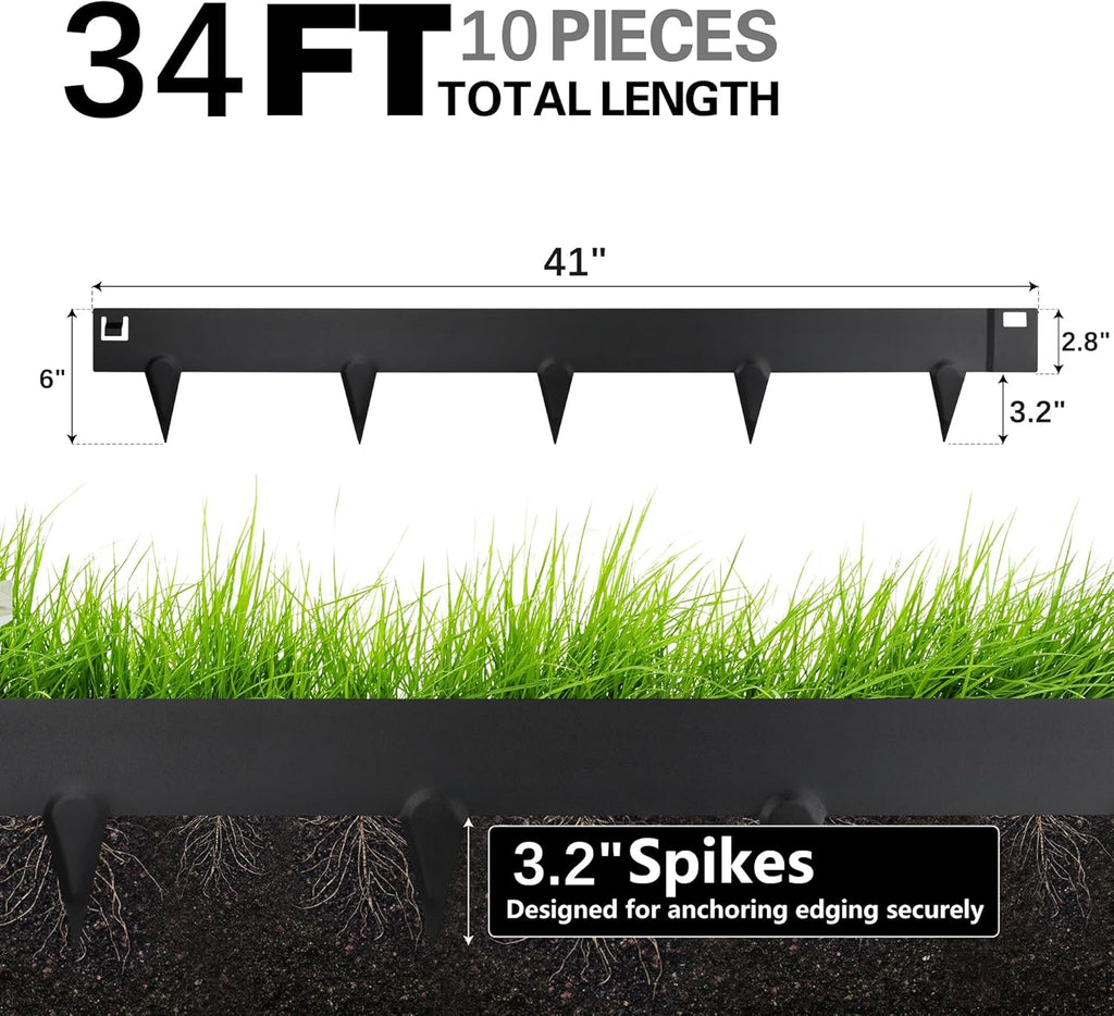 Worth Garden 10-Pack (34Ft Total) Galvanized Steel Landscape Lawn Edging - 6 in. H Bendable Metal Strips - Hammer-in 18-Gauge Flexible Black Edging Border - Yard Pathway Divider - Buckle Connection
