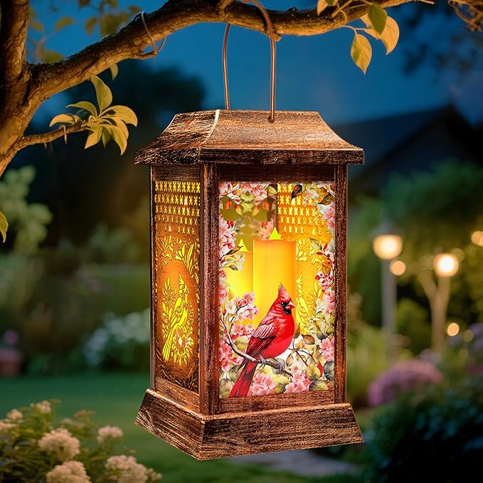 Cardinal Solar Lanterns Outdoor Waterproof, Metal & Glass Hanging Lights Garden Decor, Birthday Gifts for Women Mom Grandma Mothers Day, Decorative Lights for Outside Yard Patio Backyard Porch