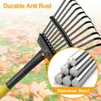 73" Leaf Rake- 11 Metal Tines 8.5" Wide- Small Leaves Rakes for Gardening- Adjustable Metal Leaf Rake for Picking Leaves Yard Women Kids Gardening RV Camping