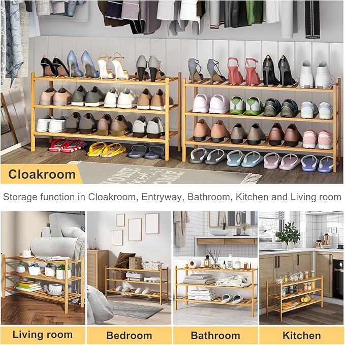 Long Shoe Rack, 3-Tier Bamboo Stackable Shoe Shelf Storage Organizer, Shoe Stand for Closet, Entryway and Hallway