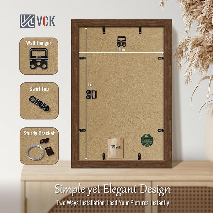 VCK 11x17 Picture Frame Set of 4 - Brown, Gallery-Quality Wood Poster Frames, 1.1-Inch Wide Border, Polished Plexiglass, Vertical or Horizontal Wall Display for Photo/Art/Prints, Brown