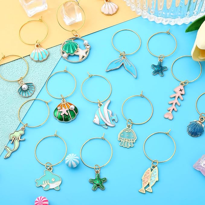 SANNIX 24pcs Ocean Wine Glass Charms for Stem Glasses, Wine Party Decorations