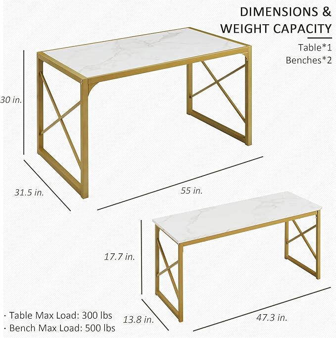 VECELO Kitchen Table with 2 Benches for 4-6,Wood Dining Room Dinette Sets with Metal Frame for Breakfast Nook and Small Space
