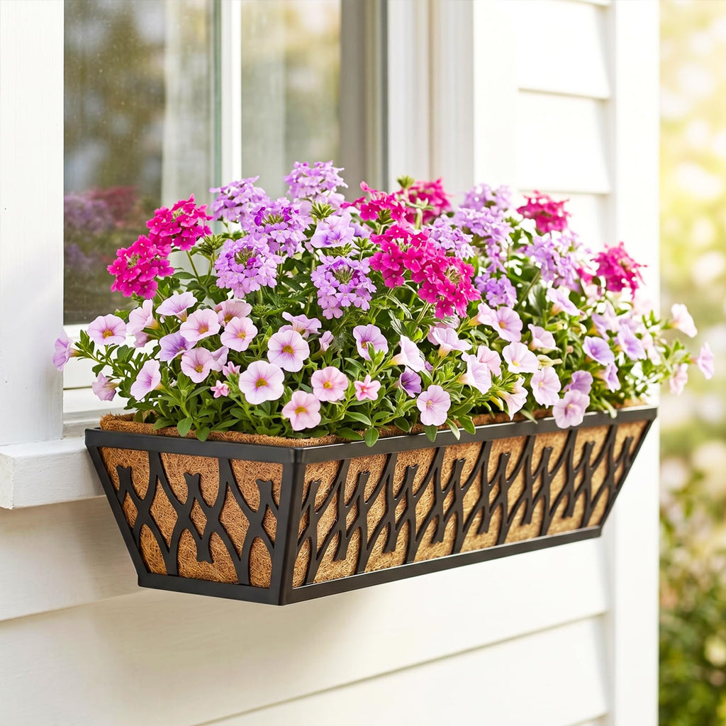 4 Pack 24 Inch Window Boxes Planters for Outdoor Plants Railing Planter Box with Adjustable Brackets for Windowsill Porch Fence Patio Hanging Flower Coco Baskets for Outside Decoration - Black