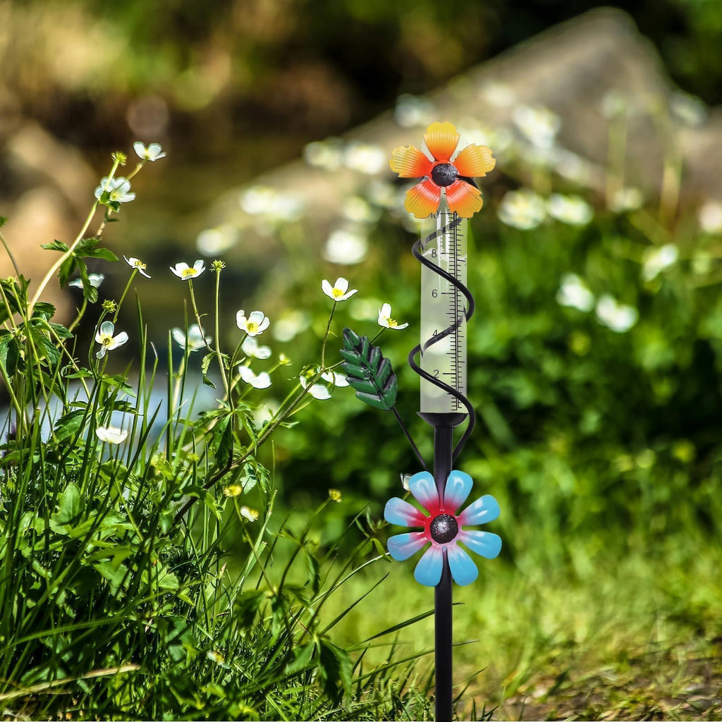ESTTOP Flower Rain Gauge Outdoor, 5 Inch Glass Tube Freeez-Proof Metal Stake Weather-Resistant Rain Gauge-Lawn and Garden Yard Decor for Accurate Precipitation Measurement