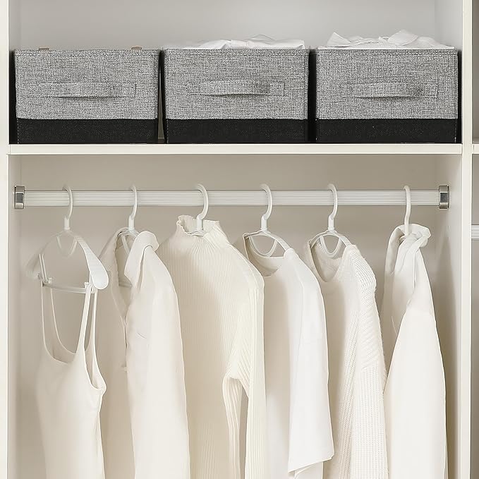 linen closet organizers and storage, 3 Pack Large Storage Baskets, Washable, Clothing Storage Bins with Handle, Closet Organizer for Storage Sweater,Sheets (gray black, 16"x9½"x6¾")