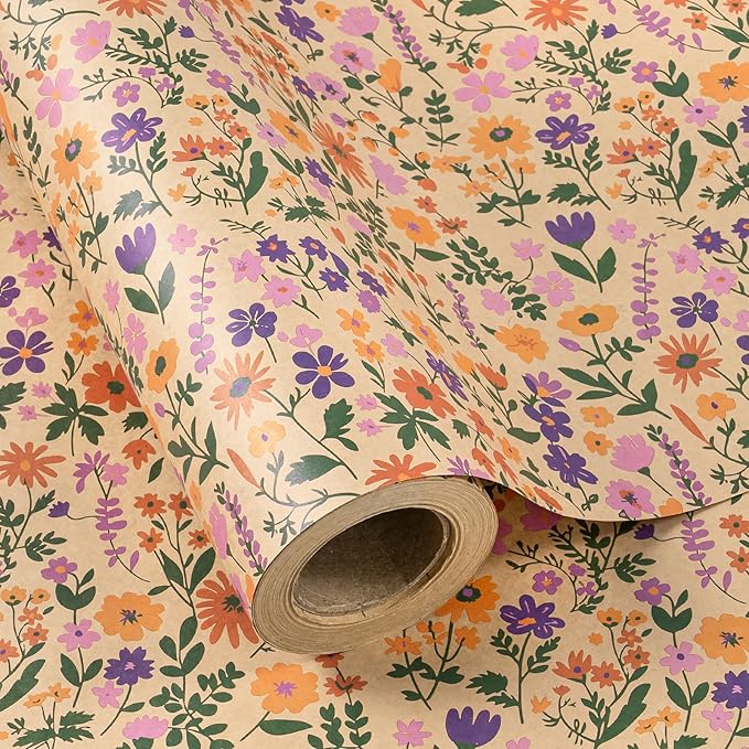 WRAPAHOLIC Kraft Floral Wrapping Paper Roll - Mini Roll - 17 Inch x 9.8 Feet - Vintage Flower Wrapping Paper, Perfect for Wedding, Birthday, Bridal Shower, Tea Party