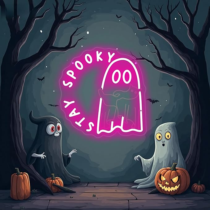 Halloween Ghost holding a cat Stay Spooky Neon Sign, Funny Halloween Party Wall Decor, Spooky Season Room Sign for Boo Wall Decor Neon Light for Bar Man Cave Home Yard Decoration Funny Spooky Vibes-Pink