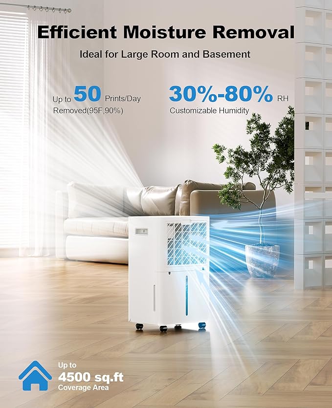 4500 Sq. Ft Dehumidifier for Basement, Lienuis 50 Print Dehumidifiers for Home with Drain Hose, Auto or Manual Drainage, Humidity Control, Dry Clothes Function, 24H Timer,1.06 Gallon Water Tank
