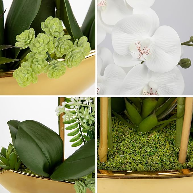 Briful Orchid Fake Flowers 18in White Artificial Orchid Silk Flowers in Gold Pot Faux Orchid Arrangement for Home Office Bathroom Dining Table Modern Decoration