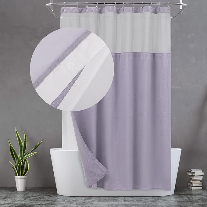 N&Y HOME Waffle Weave Shower Curtain with Snap-in Fabric Liner & 12 Metal Hooks Set - Hotel Style, Waterproof & Washable, Heavyweight Fabric & Mesh Top Window - 71x72, Lavender