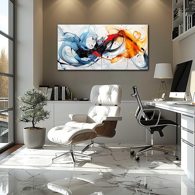 Blue Abstract Canvas Wall Art Bedroom - Modern Wall Art for Living Room Ready to Hang Size 24" x 48"