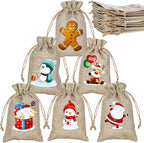 ARTLYMERS 24 Pack Christmas Jute Burlap Bags, Christmas Drawstring Gift Bags for Xmas Presents Holiday Party Favor Treats Candy, 6 Designs