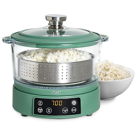 COOK WITH COLOR 3L Glass Low Carb Rice Cooker - Makes 6 Cups Cooked Low Sugar Rice with Auto Lift Filter Basket, Hotpot & Steamer for Rice, Grains and Oats, Digital Panel with Keep Warm, Dark Sage