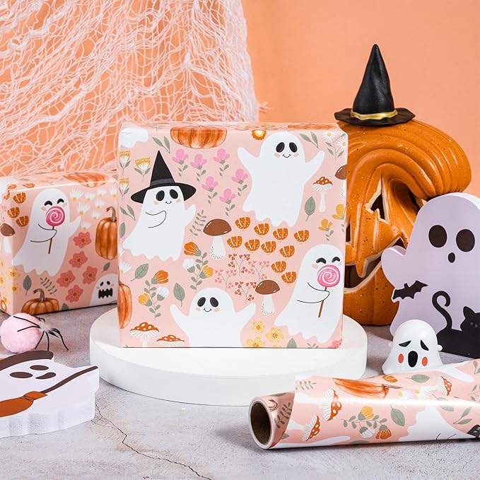 LeZakaa Pink Halloween Wrapping Paper Roll, Cute Ghosts Pumpkins Fall Florals in Pink Spooky Design Trick-or-Treat Gift Wrap for Girls, Kids, Soft Aesthetic Halloween Gifts, Mini Roll 17 in x 16.4 Ft