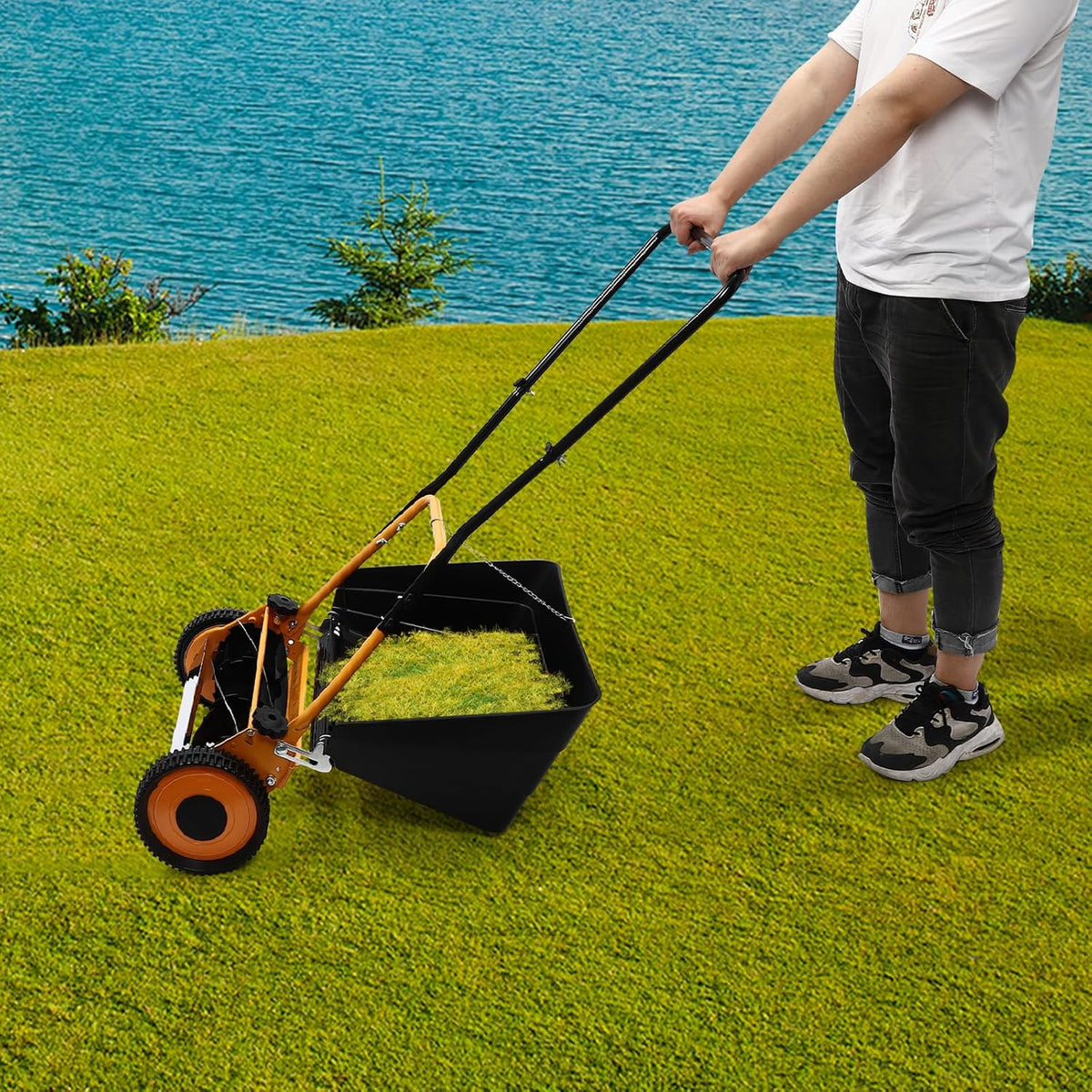 16-Inch Cutting Width Manual Push Reel Lawn Mower with Collection Bag, Four 5-Edged Blades Wheeled Lawn Mower Hand Push Lawn Mower Push Lawn Sweeper Grass Catcher Manual Lawn Dethatcher (16 Inch)