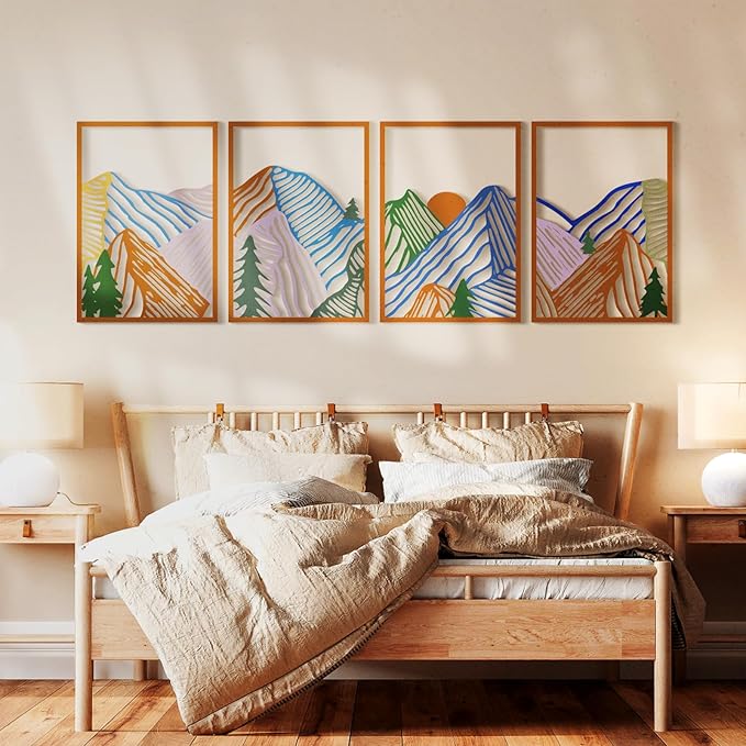 Glamativity 4 Pcs Colorful And Black Double-Sided Abstract Mountain Metal Wall Art , Mountain Line Art Décor, 3D Textured Minimalist Wall Decor, Rustic Nature Wall Décor for Living Room Bedroom Study (Mountain, M Size 17 x 12'')