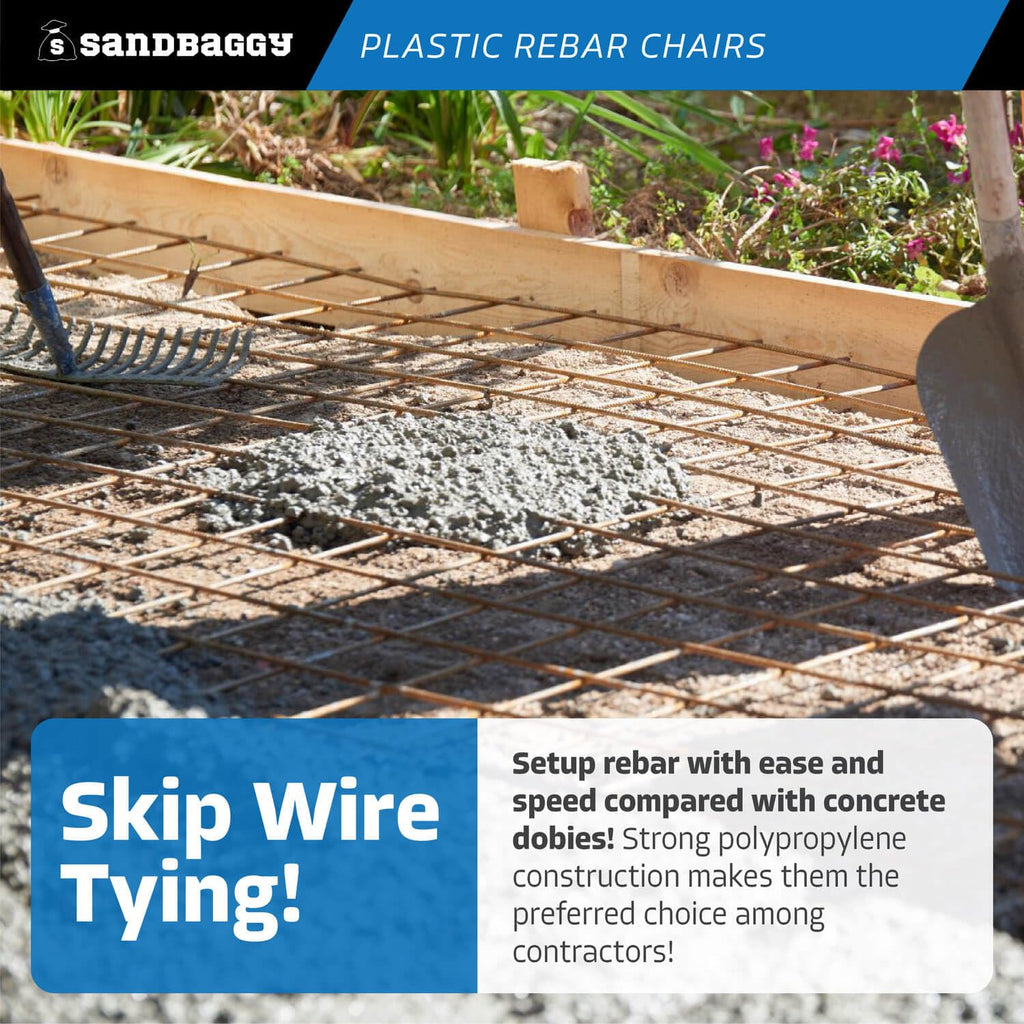 Sandbaggy Rebar Plastic Chair | Fits Rebar #3 to #5 | Heavy Duty Construction- Preferred Choice for Concrete Contractors | Saves Money & Labor Compared w/Dobie Bricks (Pack of 100, 3-1/4 Inch Length)