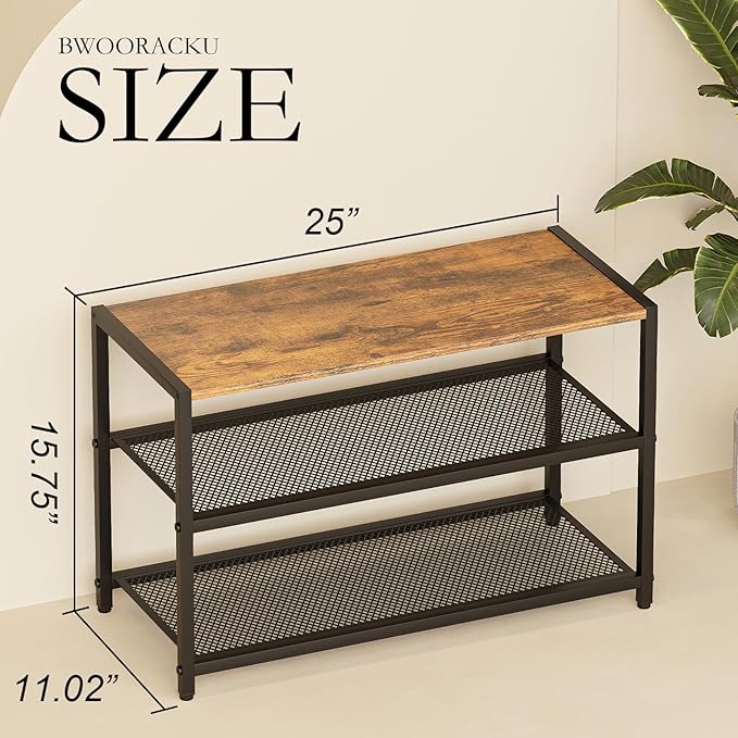 Shoe Rack, 3-Tier Shoe Shelf with Dense Metal Mesh, Durable Industrial Freestanding Shoe Rack for Front Door Entrance, Hallway, Entryway, Living Room, Bathroom (25"Wx11.02"Dx15.75"H Rustic)