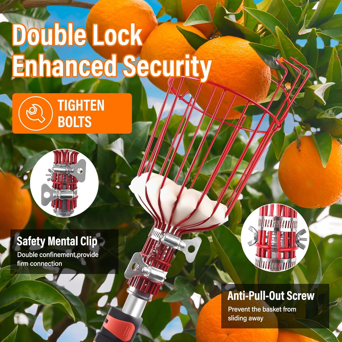 26FT Reach Fruit Picker Pole with Basket Telescoping,Apple Picker Pole with Basket,Lightweight Aluminum Pole Fruit Catcher for Trees,Orange Picker Suit for,Pear,Lemon,Mango,Guava,Avocados