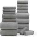 18 Piece Bath Towels Set,Ultra Soft Family Bathroom Towel Set with Hanging Loops-6 Bath Towels,6 Hand Towels,6 Washcloths,Highly Absorbent Quick Dry Shower Towel for Bathroom,Hotel,Spa-Grey Towel Set