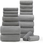 18 Piece Bath Towels Set,Ultra Soft Family Bathroom Towel Set with Hanging Loops-6 Bath Towels,6 Hand Towels,6 Washcloths,Highly Absorbent Quick Dry Shower Towel for Bathroom,Hotel,Spa-Grey Towel Set