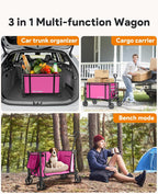 3 in 1 Collapsible Wagon Converts to Bench, 220lbs Foldable Wagon Cart with Wheels, 120L Shopping Cart for Groceries Folding Utility Wagon for Beach, Garden, Camping, Sport, Wheelbarrows, Pink