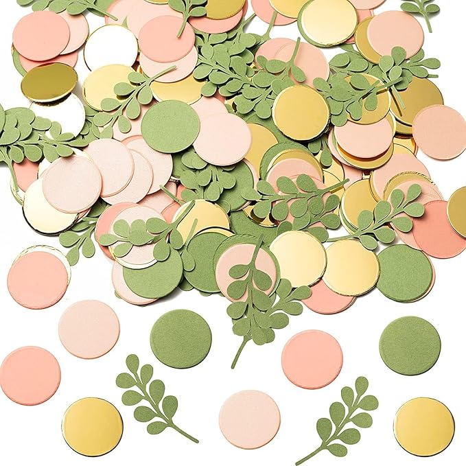 100 Pcs Pink Golden Sage Olive Green Party Table Confetti, Peach Blush Round Confetti, Table Decor for Wedding Bridal Shower Engagement Birthday Party Baby Shower