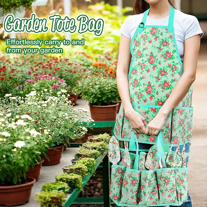Garden Tools Set, JUMPHIGH 10 PCS Heavy Duty Gardening Tools Includes Hand Trowel Rake Weeder Pruner, Gardening Gifts for Women, Garden Kit with Tote Bag, Apron, Gloves, Kneeling Pad