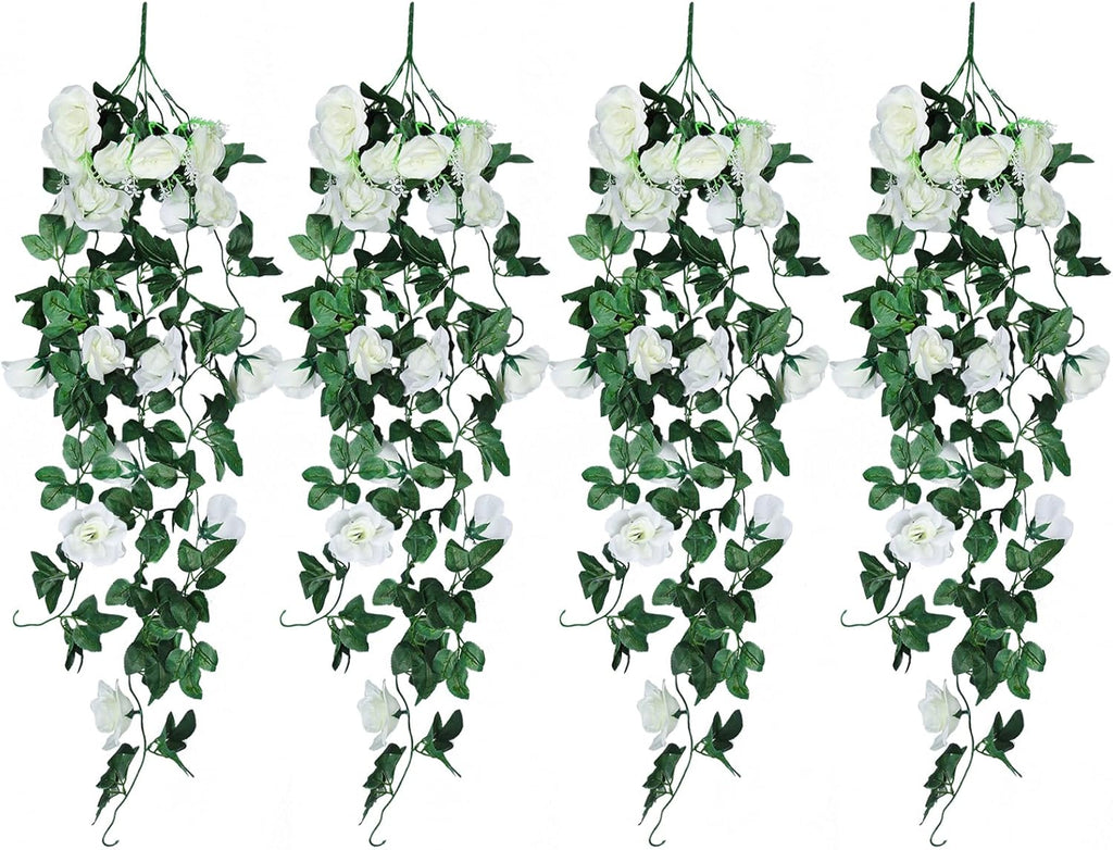 Artificial Hanging Rose Plant 4Pieces 3.3Ft Faux Ivy Plants Fake Outdoor Flowers Vines,UV Resistant for Wedding, Home, Office, Arch,Arrangement Decoration (White)