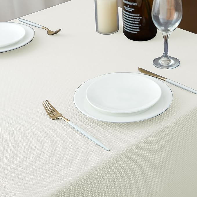 Biscaynebay Textured Fabric Square Tablecloths 90x90 Inches, Ivory Water Resistant Card Table Cloth Folding Table Cover for Dining, Kitchen, Wedding and Parties etc. Machine Washable