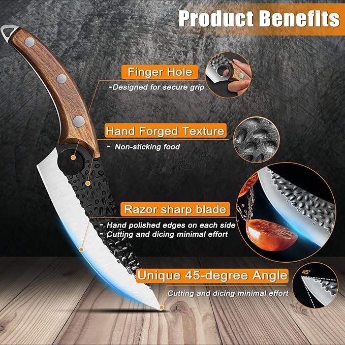 ZENG Butcher Knife Hand Forged Boning Knife with Sheath Viking Style, High Carbon Steel Japanese Chef Knife Meat Cleaver Knife for Kitchen, Camping, Outdoor, BBQ