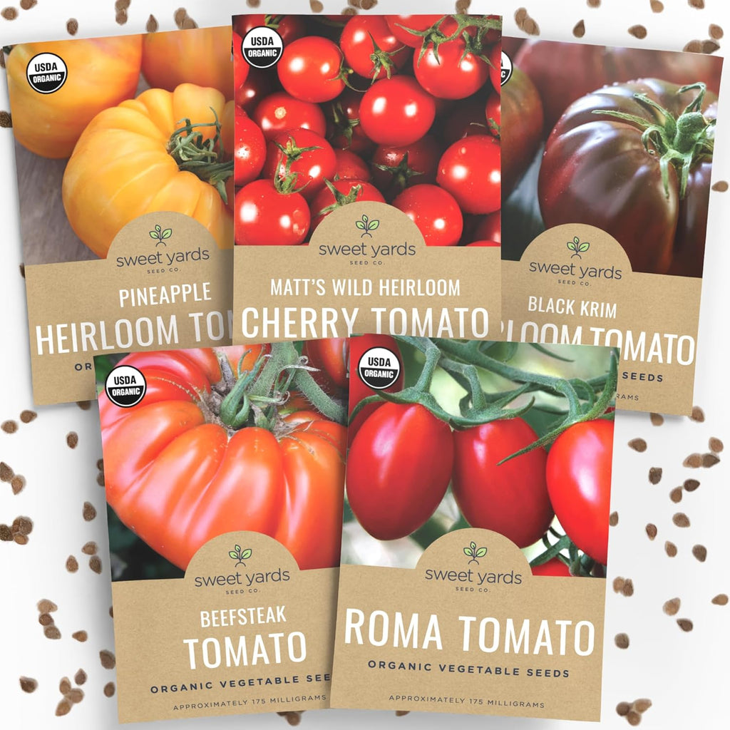 Organic Tomato Seeds Variety Pack - 5 Individual Packs - 2025 Season - Roma, Beefsteak, Cherry, Black Krim & Pineapple. for Indoor & Outdoor Planting (Non-GMO, Certified Organic)