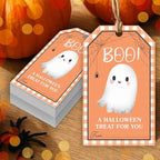 50 Pcs Halloween Tags with String, 2.1"×3.5" Boo Paper Gifts Tags, Ghost Trick or Treat for Candy, Halloween Gifts Tag Wrap for Party Favor - B08