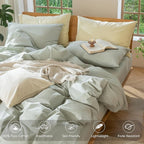 MooMee Bedding Duvet Cover Set 100% Washed Cotton Linen Like Textured Breathable Durable Soft Comfy (Heathered Sage Green, King 104"x90")