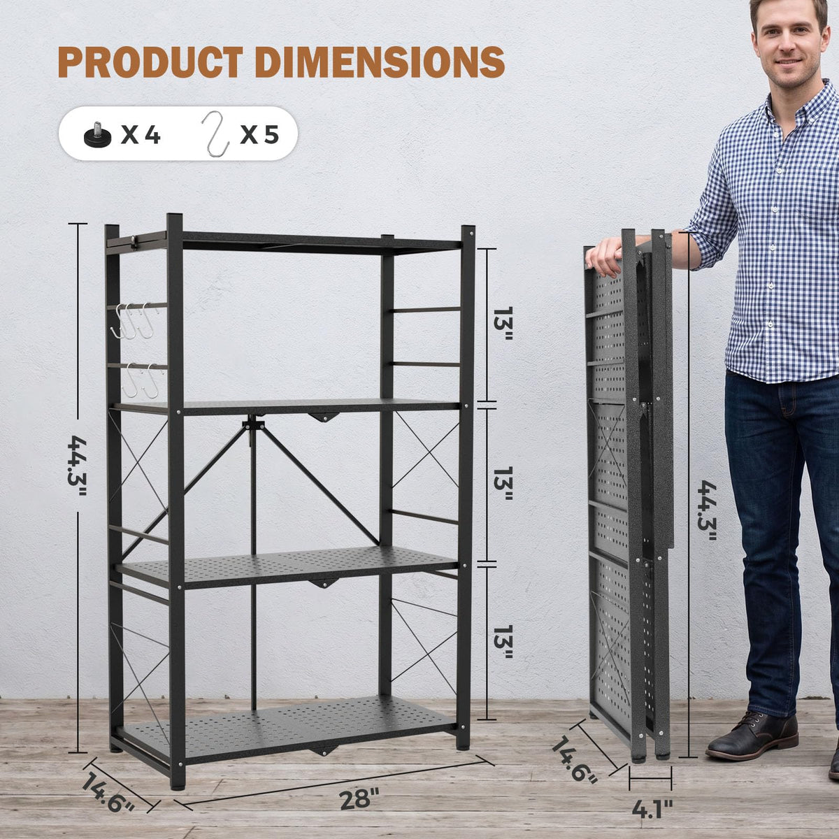 EAGLE PEAK 4-Tier Foldable Greenhouse Shelf, Heavy Duty Metal Storage Rack, No Assembly Steel Shelving Unit, Plant Stand for Greenhouse and Multi-Use Storage, 28”x14.6”x44.7”, 520 lbs, 1 Pack, Black