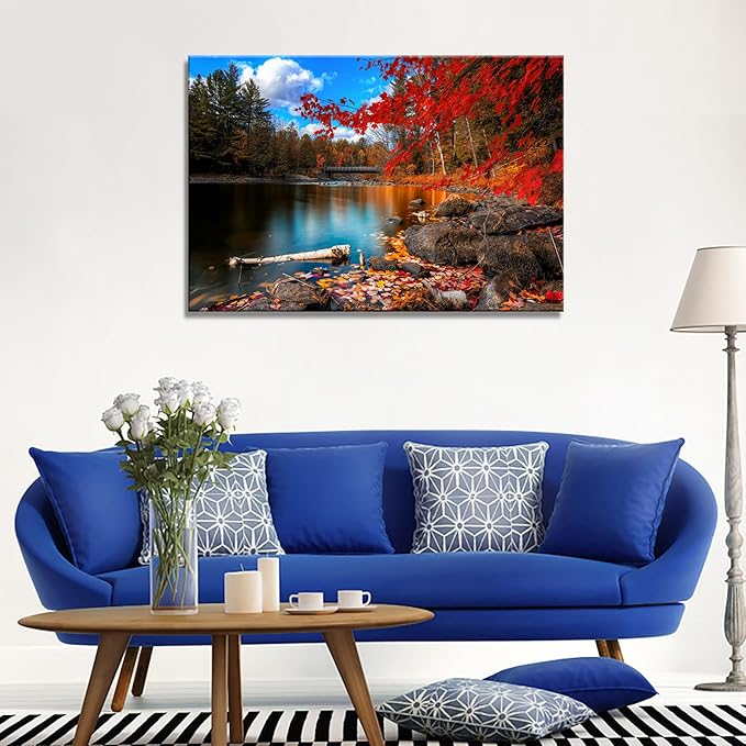 DZL Art S72681 Canvas Wall Art Canvas Artwork Lake Mountain Red Maple Leaf National Park Nature Pictures for Living Room Bedroom Office Wall Decor Home Decoration