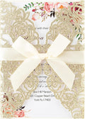 50pcs Gold Glitter Laser Cut Invitation Pockets Rose Personalized Blank Wedding Invitations with Envelopes and Rsvp Cards for Wedding Bridal Shower QuinceañEra Engagement Party Invite