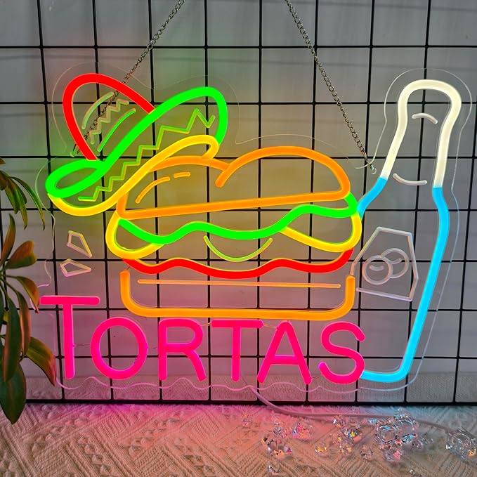 CNBEYOUNG Tortas Neon Sign, Neon Lights Hanging Wall Art Decoration for Mexican Restaurants Shop Bar Food Truck Kitchen Party Home Decor, USB - Driven, Super Bright & Adjustable,16.54x 12.6inches