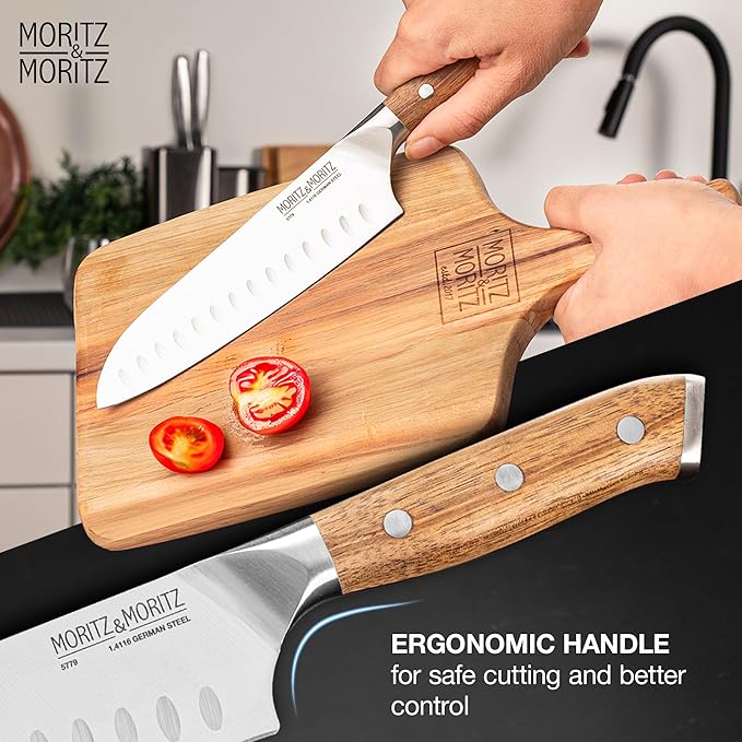 Moritz & Moritz 7-Inch Santoku Knife – Japanese Chef Knife with German Steel Blade, Acacia Wood Handle, Professional Kitchen Knives for Meat, Vegetables, Sushi, Chopping & Slicing